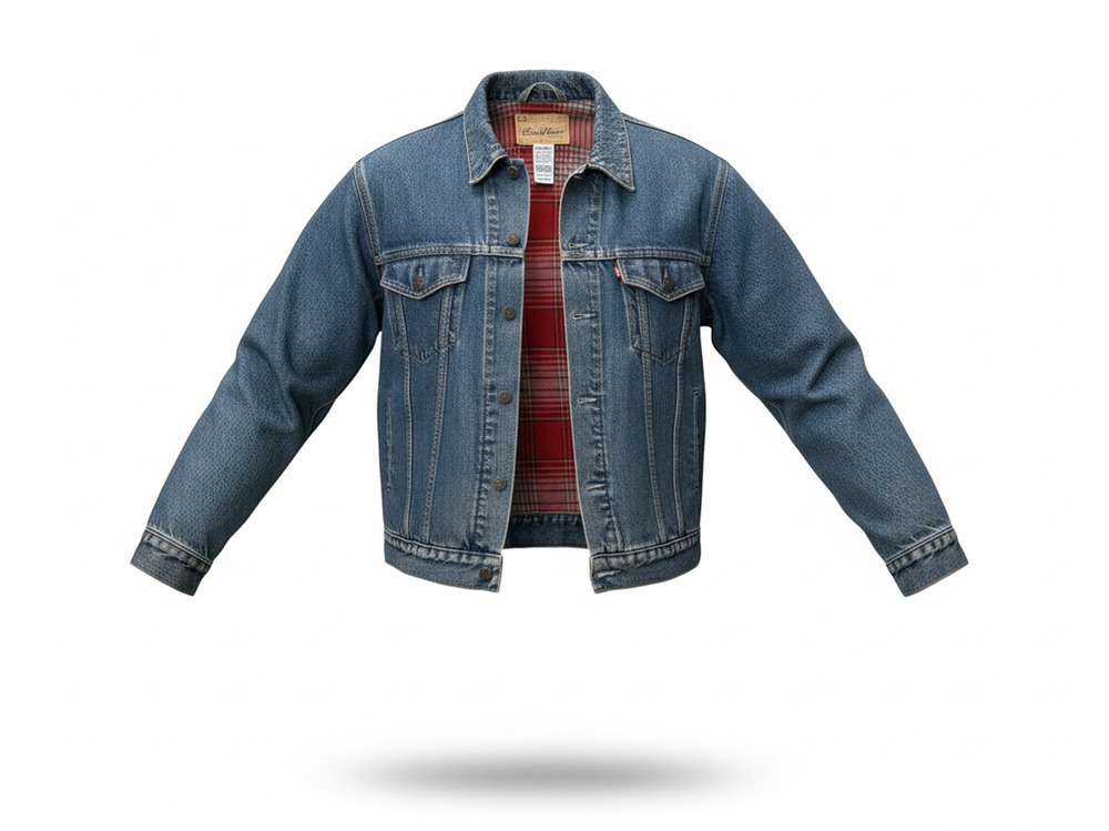 Levi Strauss Signature Mens L Denim Trucker Jacket Plaid Flannel Lined Blue